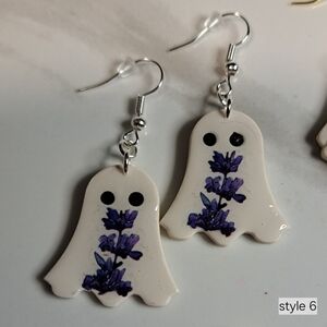 Ghost Earrings with Purple Floral Design Clay